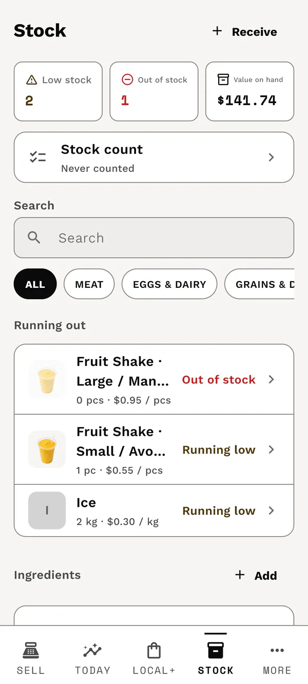 Local Plus: Business inventory overview with low-stock alerts