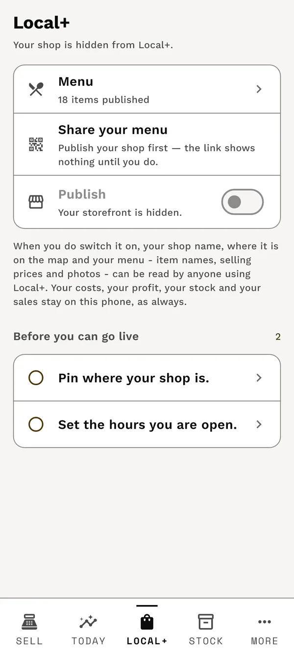 Local Plus: Business screen showing a storefront that is hidden until publishing and setup are complete.