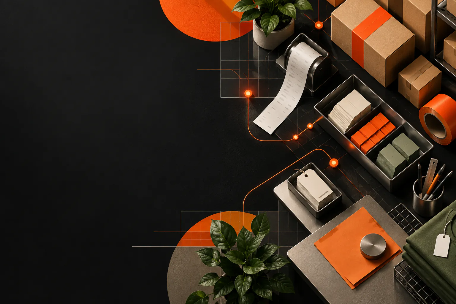 Abstract retail workbench with stock, receipts, and connected transaction points