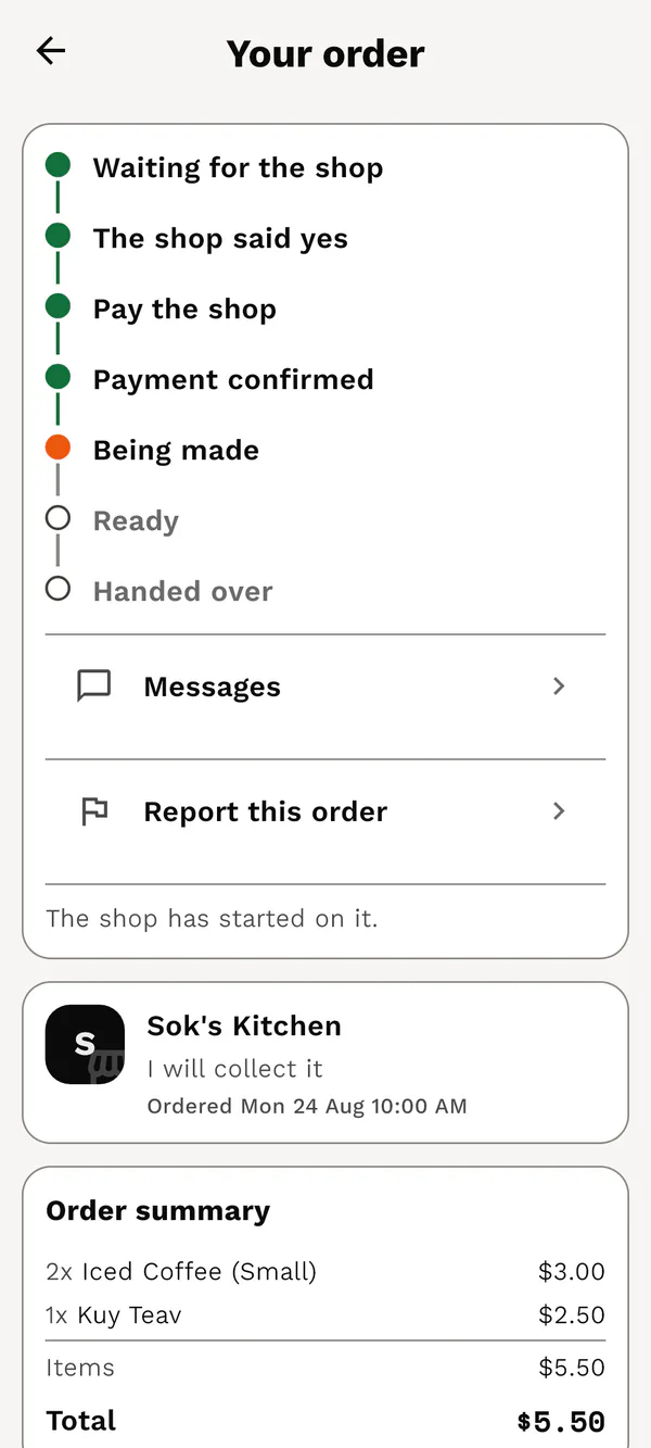 Local Plus customer order screen showing a staged order progress timeline.