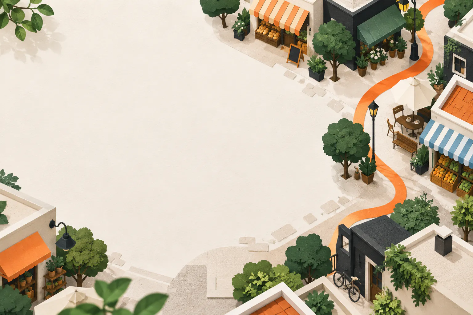 Illustrated neighbourhood of small shops connected by an orange path