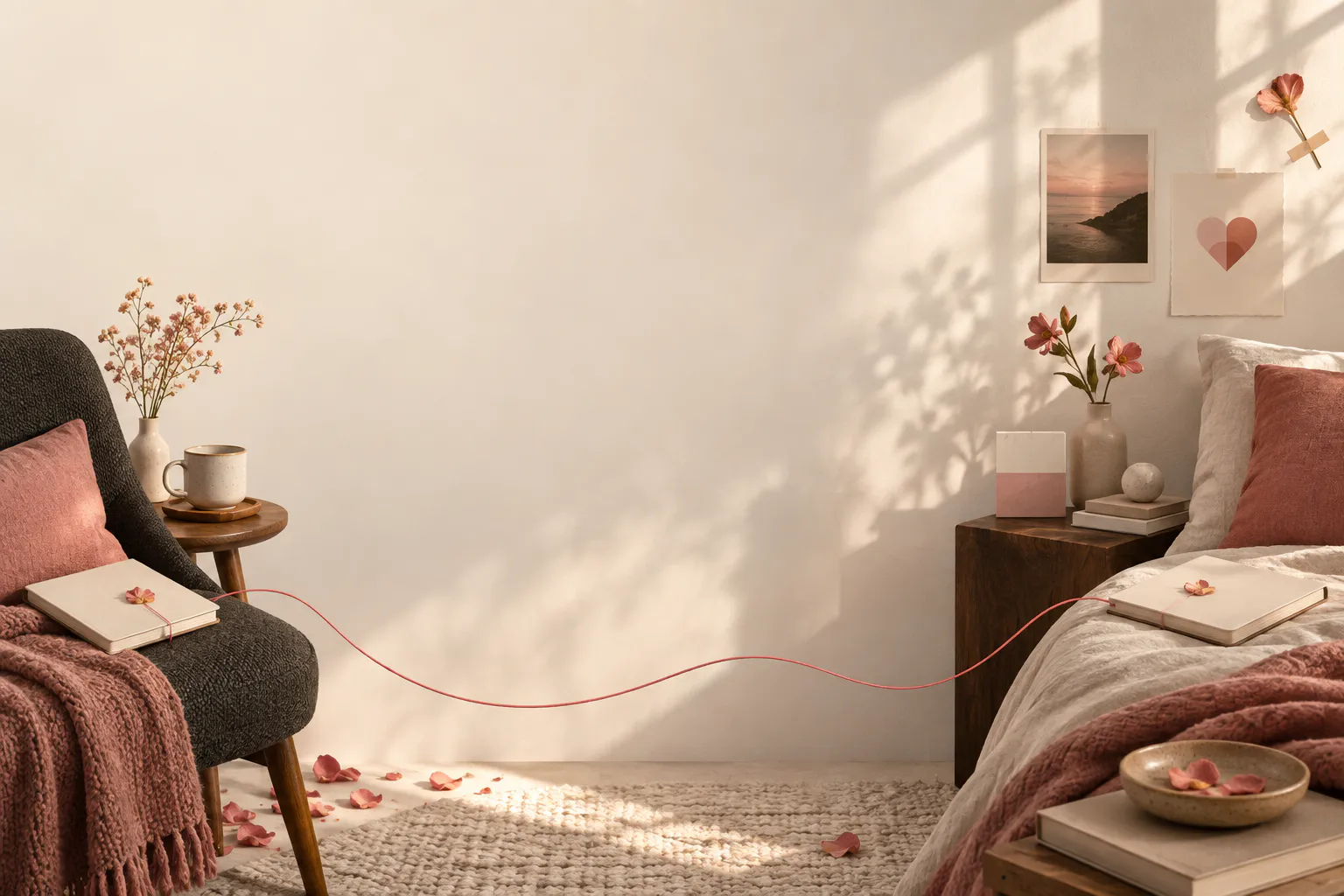 Two quiet personal spaces joined by a coral thread