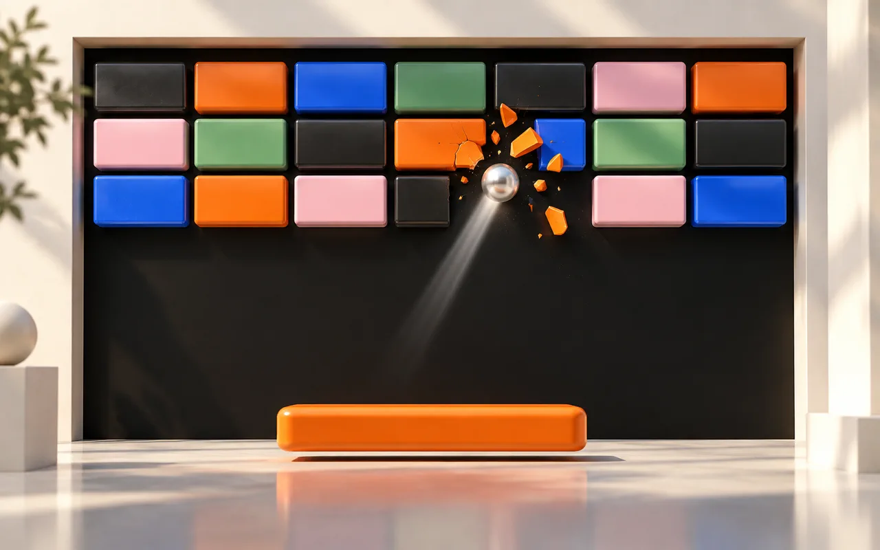 A silver ball breaks an orange block within rows of orange, blue, green, pink, and black blocks above an orange paddle.