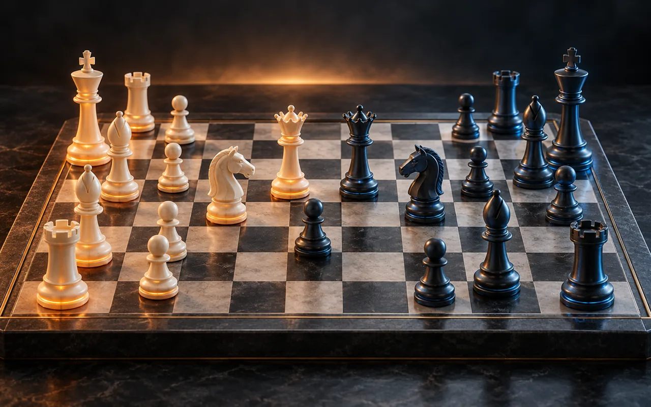 Warm ivory and graphite chess pieces facing across a dramatic stone board