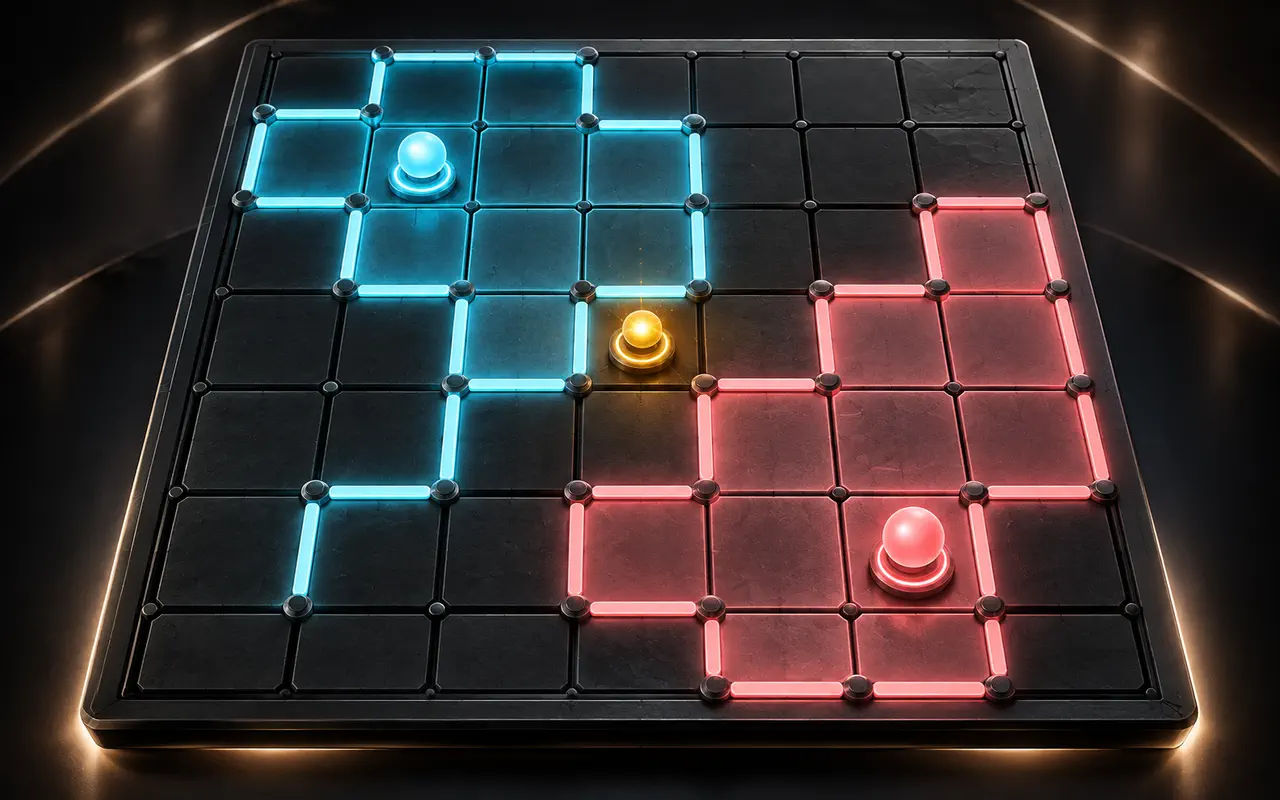 A dark tabletop territory grid traced by cyan and coral illuminated edges