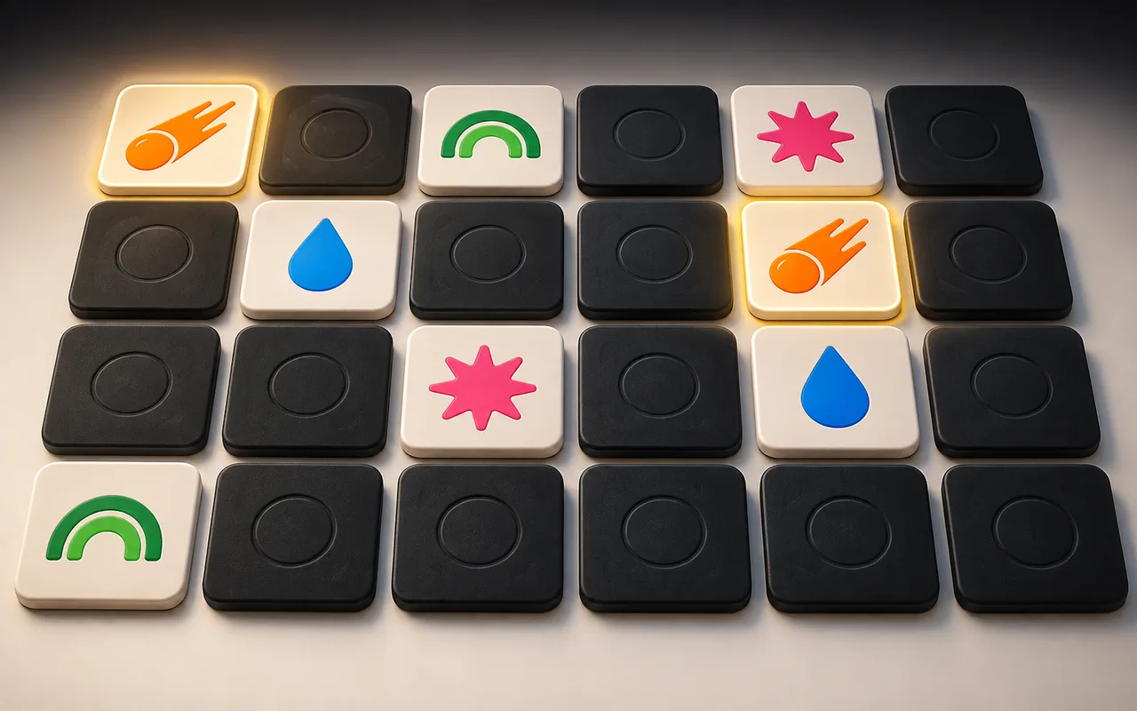 A memory-card grid with matching comet, rainbow, burst, and drop symbols revealed.