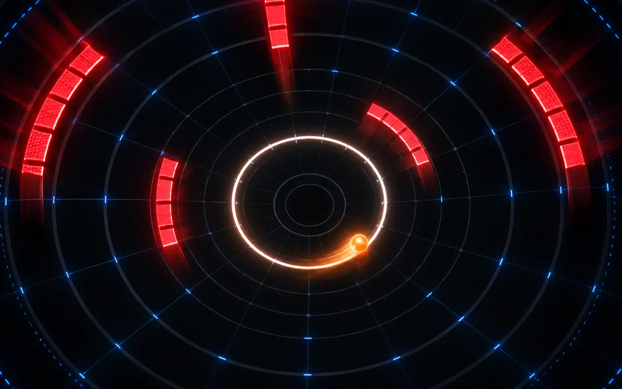 An orange runner follows a bright inner ring while red segmented hazards cross the outer lanes.