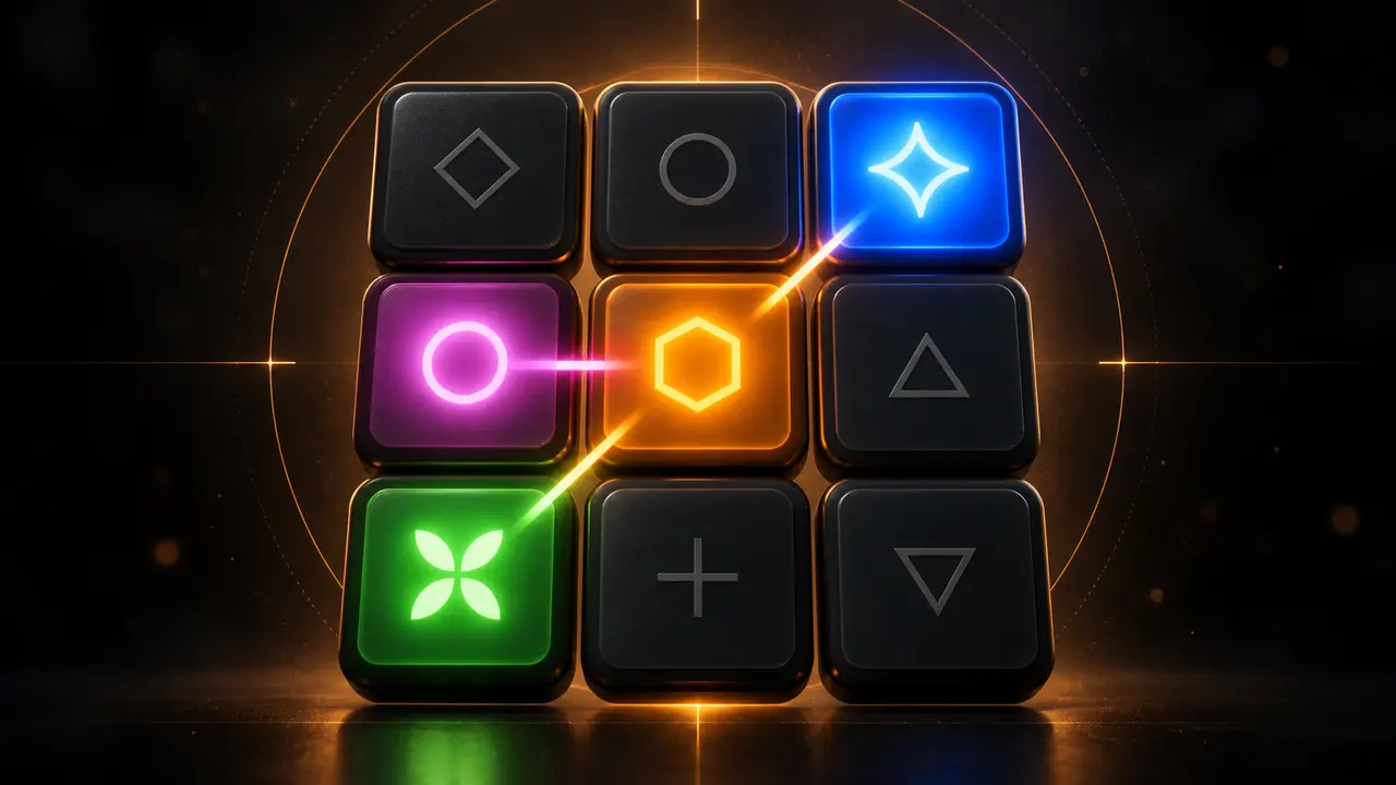 A nine-cell memory grid with blue, pink, and green pads lit in a sequence.