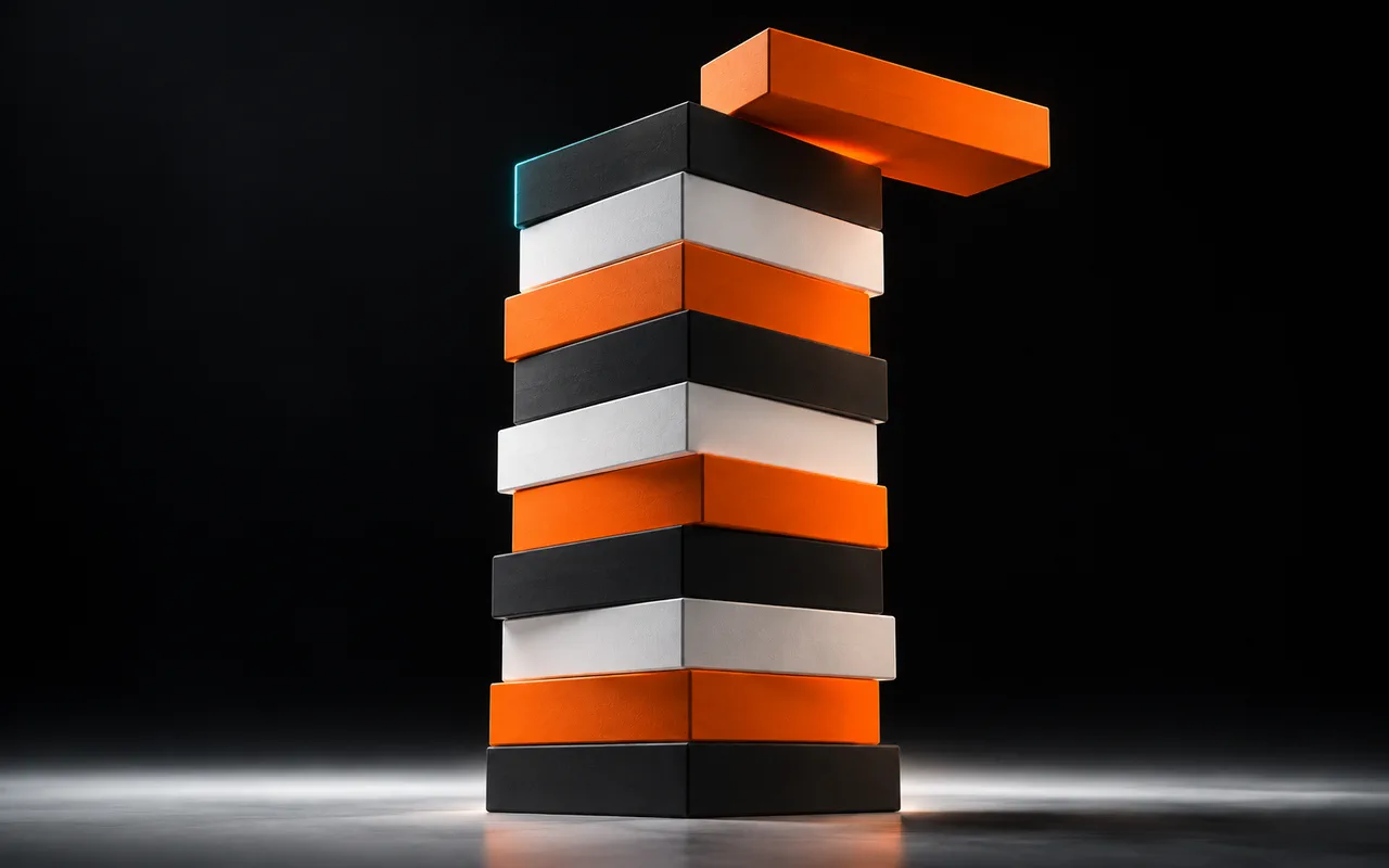 A near-complete tower of alternating orange, white, and charcoal slabs, with an orange moving slab offset above it.