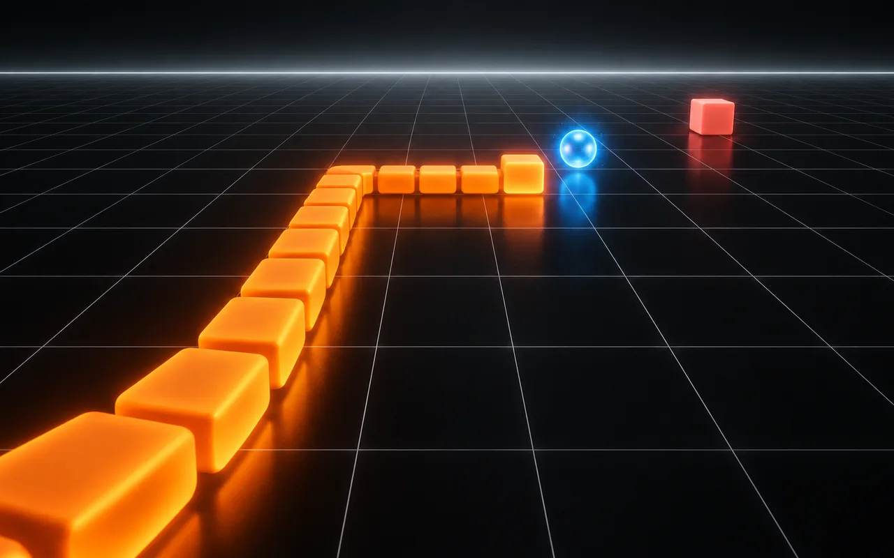 Orange trail crossing a black grid toward a blue energy orb
